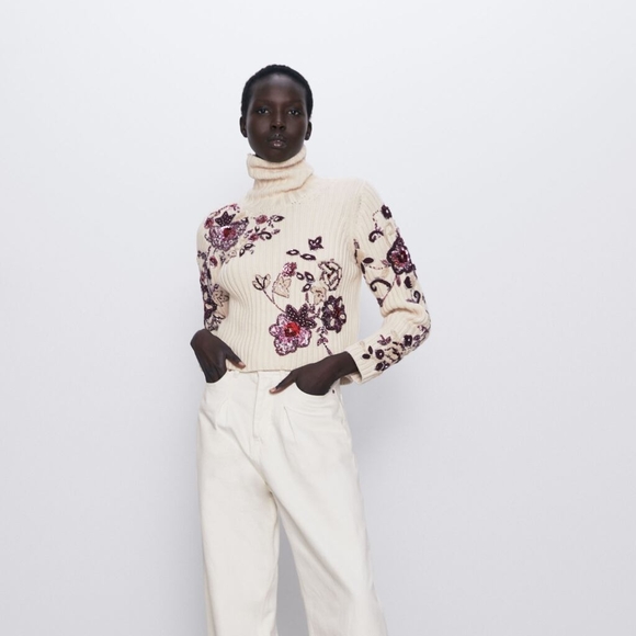 Zara Sweaters | Zara Beaded Floral Embroidered Knit Sweater | Color: Cream/Purple | Size: S | Saffa16's Closet